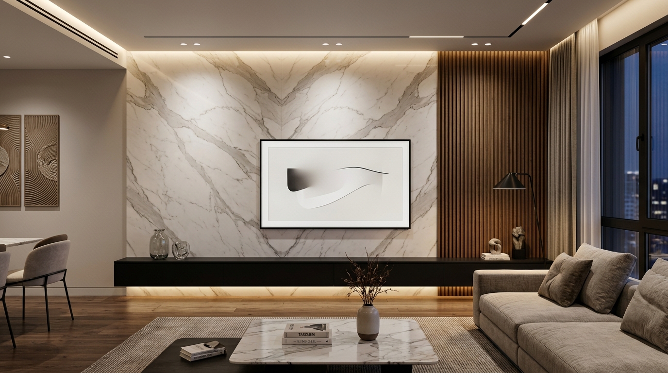 Italian Marble TV Wall Unit by Maa Vaishno Interior